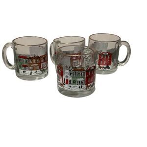 4 Clear Glass Tea Coffee Mugs Winter Village Street Scene Gold Rim Made in USA